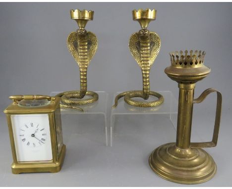 A group of nineteenth and twentieth century brass wares. To include: a Cooke and Kelvey of Calcutta brass carriage clock, two