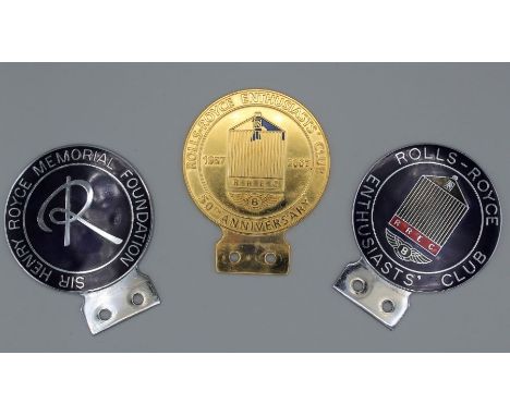 A blue and red enamel Rolls Royce Enthusiastic Club car badge, another gilt metal example for 50th anniversary, diameter 7.5c
