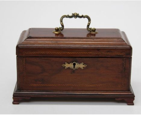 A George III mahogany, chequer strung tea caddy with three division covered interior, on later ogee bracket feet, 30cm wide