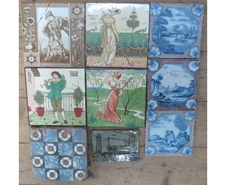 A group of earthen ware tiles. To include: three tin glazed blue and manganese eighteenth century landscape tiles, a Webbs ti