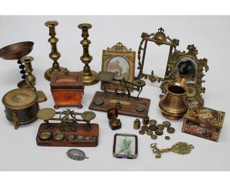 Two sets of Edwardian postal scales, an early Victorian copper tea caddy, clock mounted Rococco type easel toilet mirror, a 2