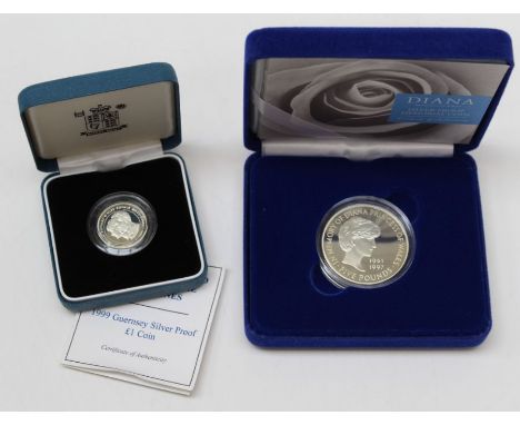 1999 £1 silver proof coin Guernsey boxedWedding of Prince Edward and Miss S R Jones1999 Diana silver proof memorial coin