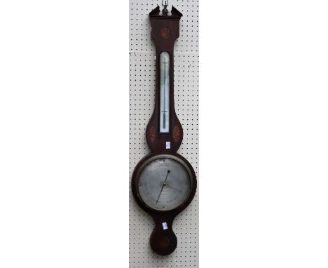 Oreggia, Nottingham, a 19th century mahogany, conch shell inlaid barometer with thermometer to neck, 98cm