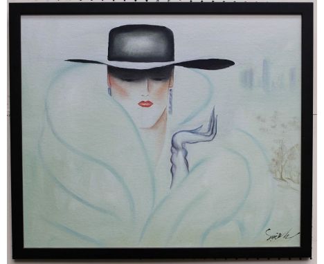 Mid 20th century European School, Art Deco style bust length portrait of a young woman wearing wide brimmed hat and fur coat.