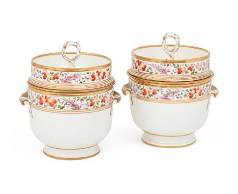A PAIR OF ENGLISH PORCELAIN TWO-HANDLED ICE- PAILS, COVERS AND LINERS  POSSIBLY COALPORT, CIRCA 1800  With bands of painted f