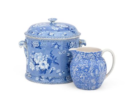 A RILEY SEMI-PEARLWARE BLUE AND WHITE PRINTED ROUND SECTION TWO-HANDLED BREAD BIN AND DOMED COVER CIRCA 1820 Painted with flo