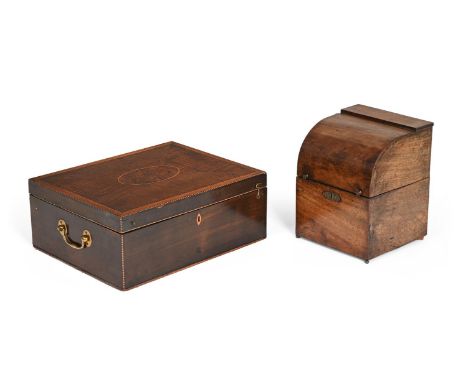 A MAHOGANY AND FIDDLEBACK DRESSING OR TRAVELLING CASE CIRCA 1790 A mahogany and fiddleback mahogany veneered dressing or trav