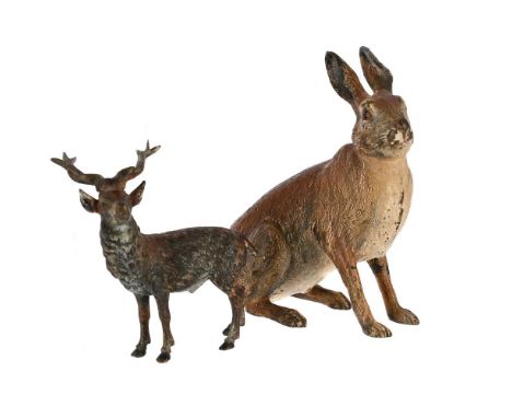 TWO SMALL COLD PAINTED ANIMALIER BRONZES  AUSTRIAN, LATE 19TH OR EARLY 20TH CENTURY  A seated hare, possible Bergmann amphora