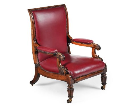 Y A GEORGE IV ROSEWOOD AND SIMULATED ROSEWOOD LEATHER UPHOLSTERED ADJUSTABLE LIBRARY ARMCHAIR BY ROBERT DAWS, CIRCA 1825 With