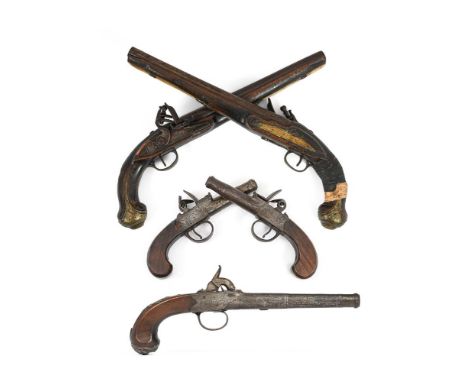 A PAIR OF FLINTLOCK HOLSTER PISTOLS  19TH CENTURY With walnut foreparts, and handles with brass furniture, and bone ramrods, 