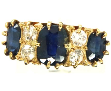 Victorian 18ct gold sapphire and diamond set ring, Chester assay, size K/L, 4.0g. Shank slightly off circular, hallmarks clea