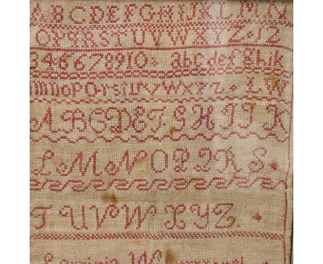 Lavinia Whitworth 1843; Alphabet and Numbers Victorian sampler in a period frame, 25 x 33 cm H. Not available for in-house P&