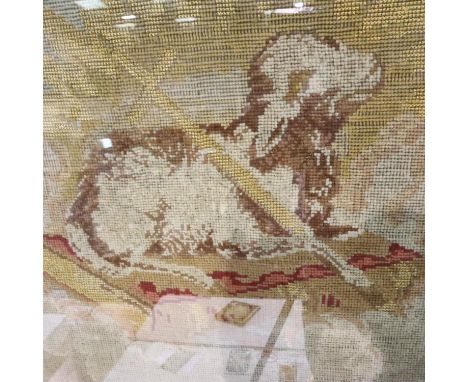 Suzy Cunliffe (1850-1924); large Religious framed woolwork sampler of the Lamb of God, 95 x 95 cm. Not available for in-house