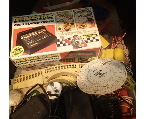 Scalextric C450 soundtrack accessories/boxed, plus two transformers, four controllers, crash barriers, hump back bridge sides