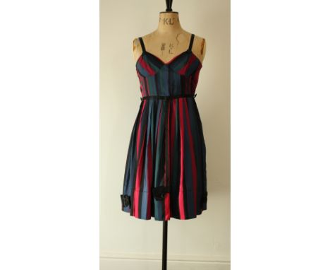 Marc Jacobs (mainline) silk rayon candy stripe party dress. Features pleated skirt with silk bows, tailored bodice and button