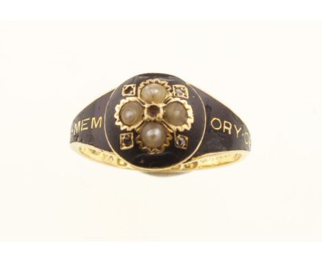 A Victorian 18ct mourning ring set with seed pearls, H/M Birmingham 1875 & inscription dated 1876, approx 3.1gms