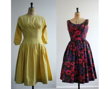 A pair of 1950s sundresses. A sunshine yellow and white polka dot cotton dress with full skirt, shaped bodice and dolman 3/4 