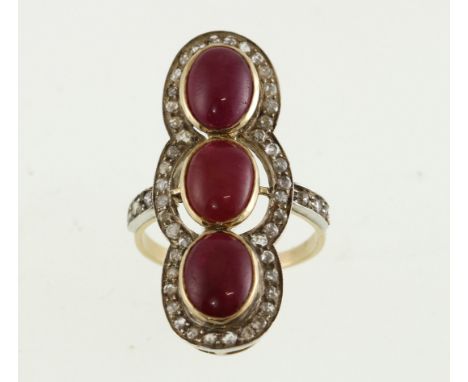 A cabochon ruby & rose-cut diamond ring, tested 14ct unmarked mount, approx 5.6gms, size N
