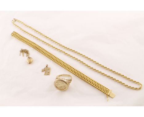 POLICE > A 9ct sovereign style ring, curb bracelet, rope chain etc together approx 28gms [VAT ON HAMMER PRICE] [NO RESERVE]