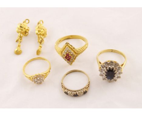 POLICE > Two asian 22ct H/M rings, a pair of unmarked Asian earrings, an 18ct H/M stone set cluster ring & a 9ct dress ring, 