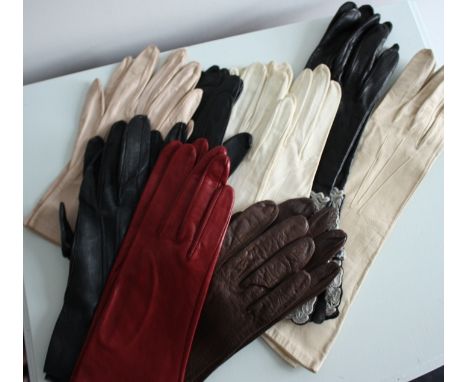 A job lot of 9 pairs of kid leather gloves, 2 silk scarves and a pair of Jan Shilton court shoes.9 pairs of vintage kid leath