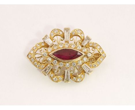 A ruby & diamond set pendant with brooch fittings, marked 585, approx diamond weight 0.75cts & 4.7gms 