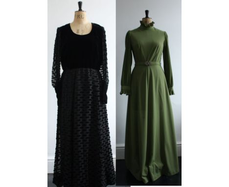 A pair of vintage dresses. A late 1960s Roger Brines black silk velvet maxi and a 1970s Sage green maxi.Late 60s black maxi f