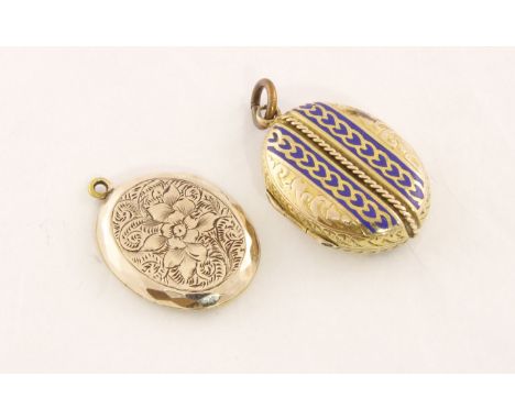 Two Victorian gilt 'back & front' lockets with engraved decoration, one also with blue enamel, together approx 8.6gms