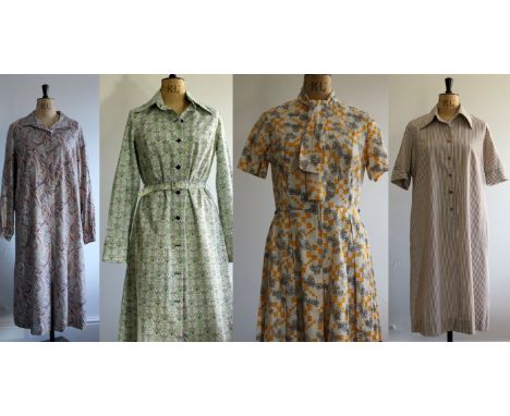 A collection of 4 Horrockses 1970s day dresses.A yellow and black print cotton, zip front dress with tie collar and pleated s