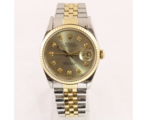 POLICE >  A gents bi-metal ROLEX Datejust wristwatch on a jubilee bracelet, with an after market diamond set champagne dial, 