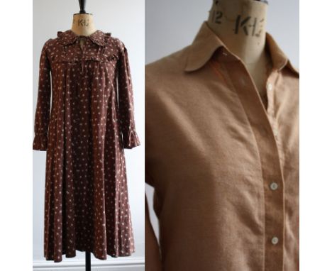 Two lots - a Mary Quant for London Pride cotton tan shirt, vintage size 16 and an early 1970s Laura Ashley (Made in Wales) sm