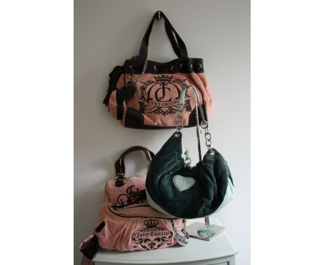 A job of 4 Juicy Couture velvet and leather handbags all in good condition. Velvet show signs of wear.A sea green hobo style 