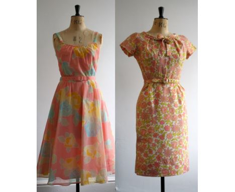 A pair of early 1960s summer day dresses. One Carnegie of London pastel organdy summer dress with matching bolero and belt in