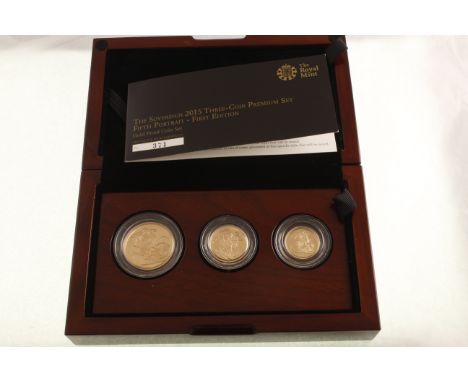 Royal Mint 2015 sovereign three-coin gold proof Premium set (£2, £1 & half sov) fifth portrait with boxes & certificate