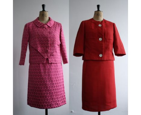 A pair of 1960s ladies tailored 2-piece suits in very good condition. A geometric textured cerise pink suit labelled Elizabet