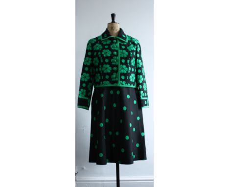 Early 1970s Marcel Fenez by Roland Klein two-piece sleeveless shift dress and matching short jacket. Made from woven damask o