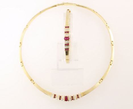 A matching ruby & diamond set bangle & collar, approx total diamond weight 0.75cts & ruby 1.40cts, stamped 750 & approx 61gms