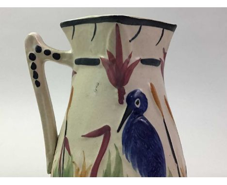 CERAMIC JUG DEPICTING BIRDS, AND OTHER CERAMICS including a centre dish, storage jars and jugs19cm high