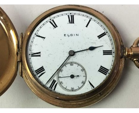 ELGIN GOLD PLATED FULL HUNTER POCKET WATCH, the white enamel dial with Roman numerals and subsidiary seconds dialAt the time 