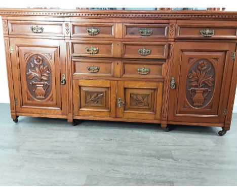 VICTORIAN OAK MIRRORED SIDEBOARD, with triple mirrors and carved drawers and doors225cm x 182cm Overall decent condition, app
