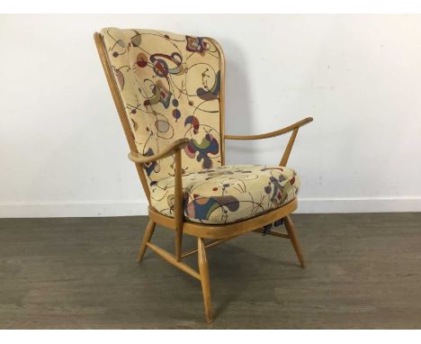 PAIR OF ERCOL HIS AND HERS STICK BACK ARMCHAIRS, with soft upholstered 'Miro' design seat and backrestQty: 2