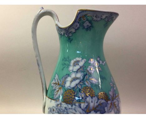 VICTORIAN WASH BASIN AND EWER, each with floral decoration, on a turquoise and white groundQty: 2Gilding coming off some area