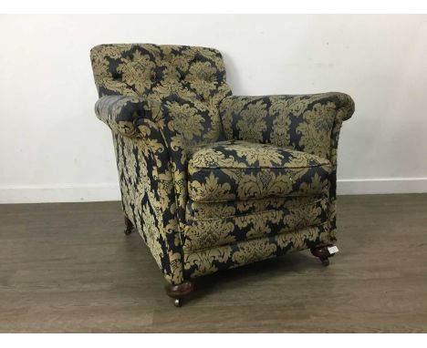 PAIR OF UPHOLSTERED BUTTON BACK ARMCHAIRS, LATE 19TH / EARLY 20TH CENTURY  contemporary upholstered in foliate decorated blue