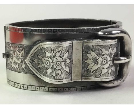 SILVER BUCKLE BANGLE, ALONG WITH FURTHER SILVER comprising two teaspoons and three brooches