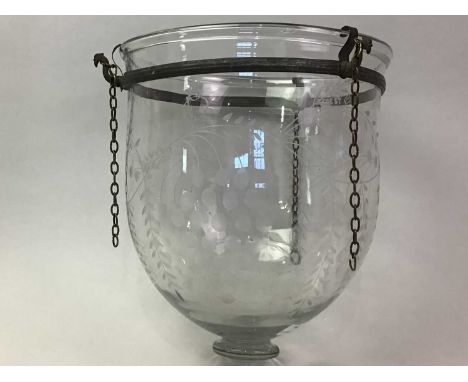 VAL ST. LAMBERT, GLASS PENDANT LIGHT, AND ANOTHER with etched floral detail, together with another pendant lightthe first 33c