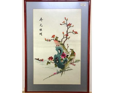 CHINESE EMBROIDERY PANEL, 20TH CENTURY depicting two birdsmounted, framed and under glassoverall size 68cm x 49cm