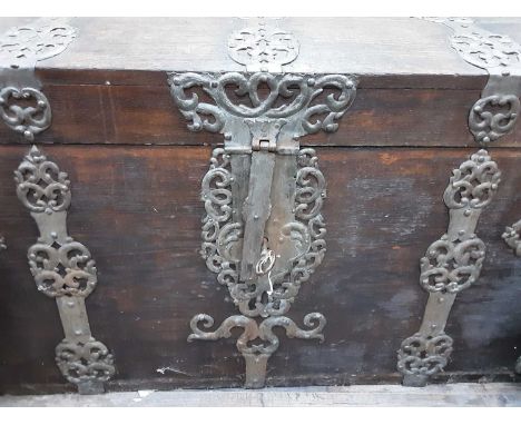 OAK WOODEN TRUNK, iron bound, domed top73cm x 120cm 