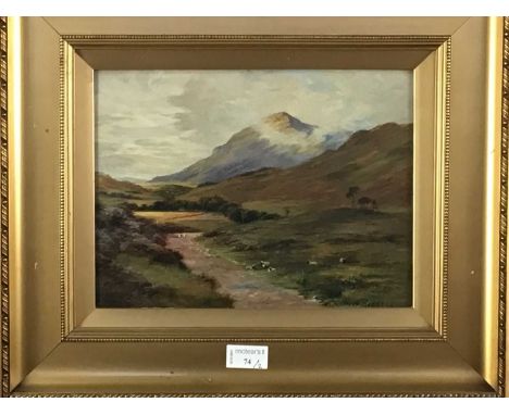R. RAMSAY RUSSELL, A HIGHLAND GLEN oil on board, signed, and a companion oil depicting a cottage among trees, both framedthe 