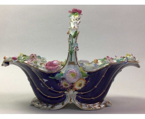 COALBROOKEDALE STYLE FLOWER BASKET, AND TWO CERAMIC BOWLS the bowls decorted with figures in a landscape settingbasket 29cm l