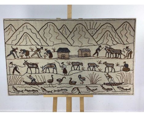 PERUVIAN NEDDLEWORK WALL PANEL, decorated with farmers and animals91cm x 155cm